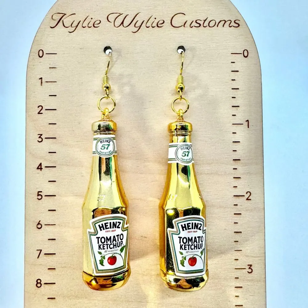 Gold Ketchup Earrings - Metallic Condiment Dangles - Funky Foodcore Aesthetic